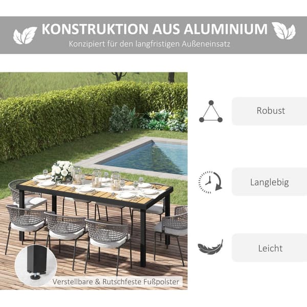 Hagebord For 8 Personer, Spisebord, Aluminiumsbord, Hagemøbler, Salongmøbler, Lettstelt Plast, Natur + Svart, 190 X 90 X 74 Cm