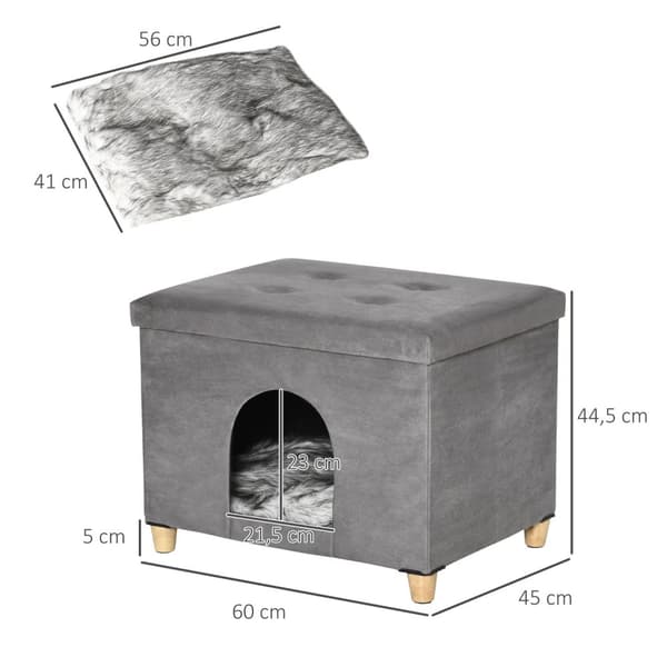 2-I-1 Cat Cave Fodskammel Med Pude Træben Kattehus Kattekurv Blødt Polstret Osmannisk Elegant Design Aftagelig Mdf Plys Grå