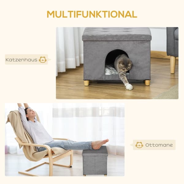 2-I-1 Cat Cave Fodskammel Med Pude Træben Kattehus Kattekurv Blødt Polstret Osmannisk Elegant Design Aftagelig Mdf Plys Grå