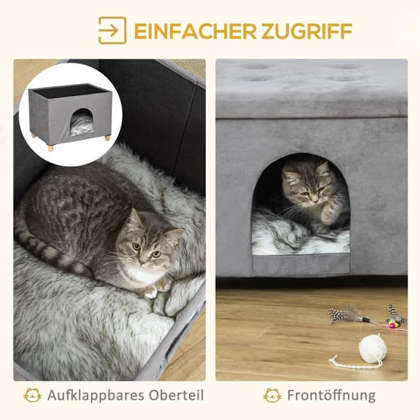 2-I-1 Cat Cave Fodskammel Med Pude Træben Kattehus Kattekurv Blødt Polstret Osmannisk Elegant Design Aftagelig Mdf Plys Grå