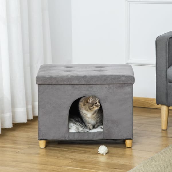 2-I-1 Cat Cave Fodskammel Med Pude Træben Kattehus Kattekurv Blødt Polstret Osmannisk Elegant Design Aftagelig Mdf Plys Grå