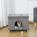 Miniatyrbillede 9 af 10: 2-I-1 Cat Cave Fodskammel Med Pude Træben Kattehus Kattekurv Blødt Polstret Osmannisk Elegant Design Aftagelig Mdf Plys Grå