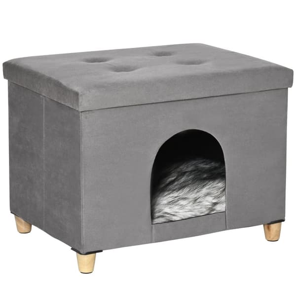 2-I-1 Cat Cave Fodskammel Med Pude Træben Kattehus Kattekurv Blødt Polstret Osmannisk Elegant Design Aftagelig Mdf Plys Grå