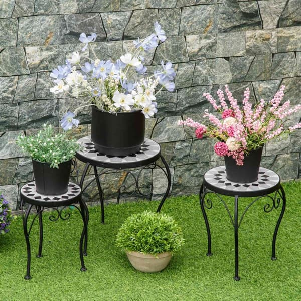 Plantestativ Sett Med 3 Blomsterkrakker Med Keramiske Fliser, Metall, Svart+Hvit