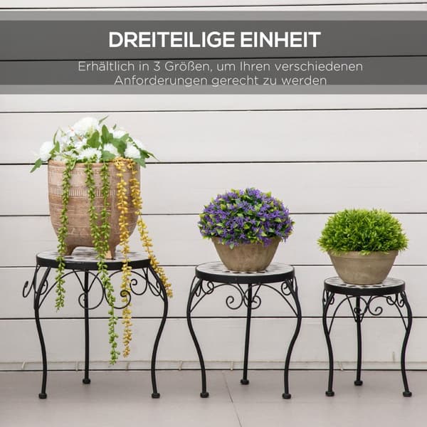 Plantestativ Sett Med 3 Blomsterkrakker Med Keramiske Fliser, Metall, Svart+Hvit