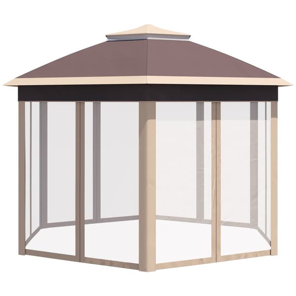 Havepavillon Foldepavillon 4X4M Pop-Up Telt Med Bæretaske, 6 Sidepaneler, Dobbelt Tag, Sekskantet, Beige+Khaki