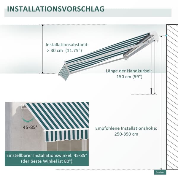 Manuell Foldearmsmarkise 4 M Med Håndsveiv Balkongmarkise Solskjerming Veggmontering Balkong Aluminium Hvit + Grønn 395 X 245 Cm