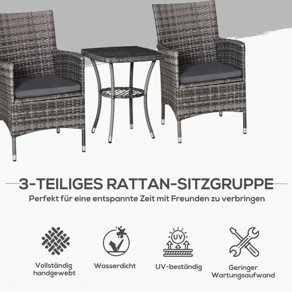 Balkongmøbelsett For 2 Personer Rotting Hagesett Polyrattan Mørkegrå