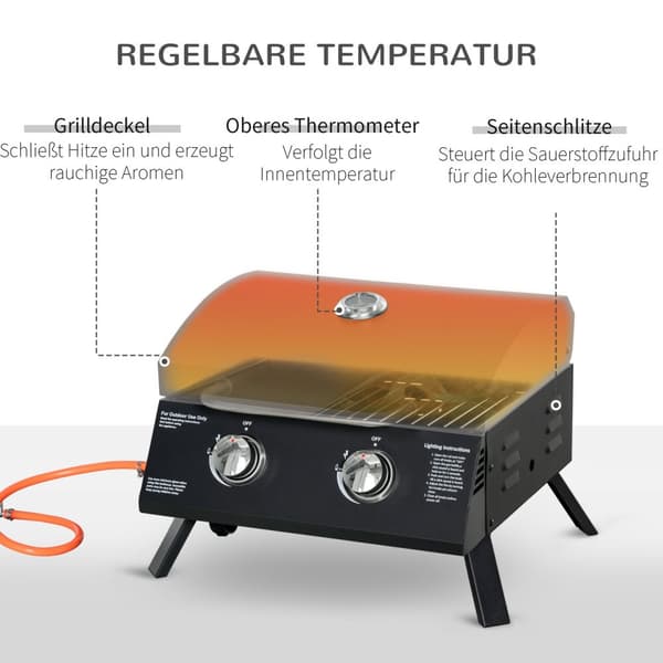 Bordgrill Mobil Gasgrill Bbq Med 2 Brændere, Grillnet, Udendørs, Rustfrit Stål, Sort, 55X46.5X41Cm, Lille, Picnic