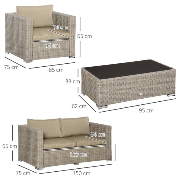 Polyrattan Havemøbelsæt 4 Personer Loungemøbler Sofabord Sædepude Khaki + Beige