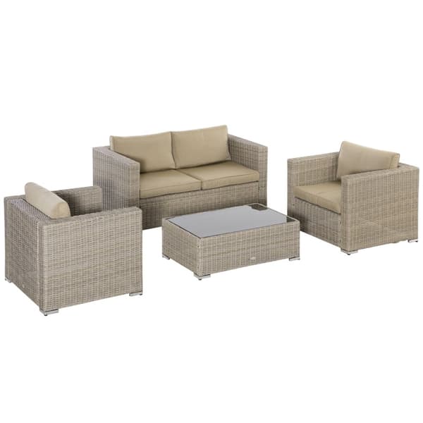 Polyrattan Havemøbelsæt 4 Personer Loungemøbler Sofabord Sædepude Khaki + Beige