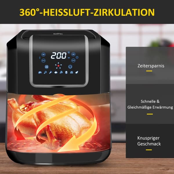 Varmluftfrituregryde 6,5L 1700W Med 8 Menuer Led-Display Non-Stick Belægningskurv Til Sund Oliefri Madlavning Sort 36,5 X 29 X 33,8 Cm