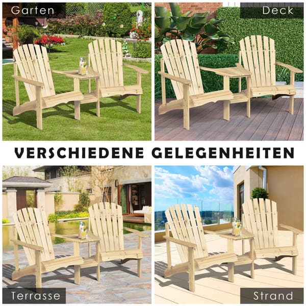 Adirondack Hagestol Med Bord Og Paraplyhull 2-Seters Hagestol Sittegruppe Hagemøbler Til Balkong Heltre Naturlig 178 X 87 X 92 Cm