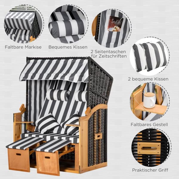 Beach Chair Dobbel Solseng Takkoppholder 5-Lags Ryggstøtte Pe Rattan Grå + Hvit 118X79X160Cm