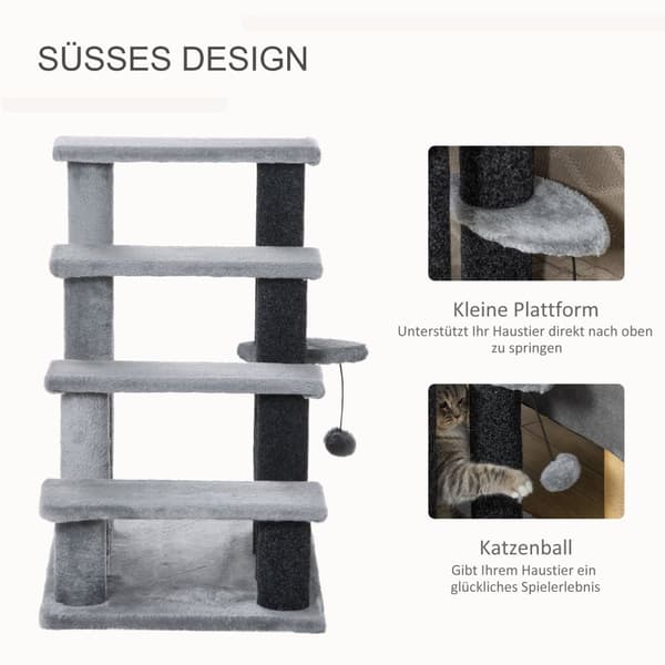 Pet Trappe Kattetrappe Med Kradsestolpe Bold 4-Trins Hundetrappe Dyretrappe Spånplade Plys Jute Grå 60 X 40 X 64 Cm