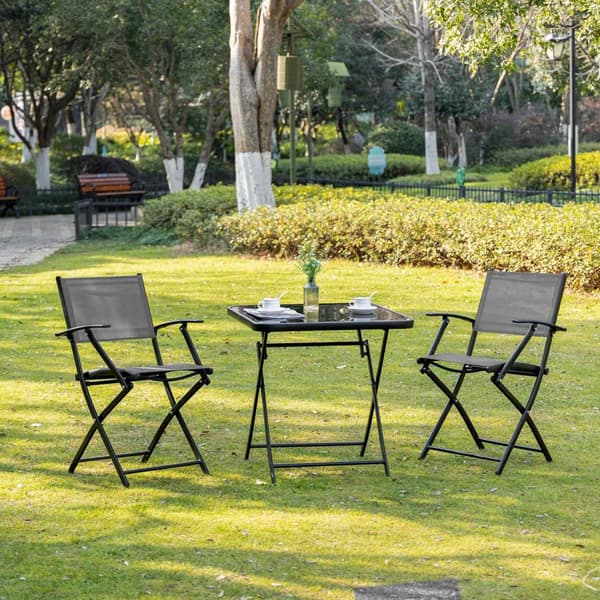 Sammenleggbar Balkongsett For 2 Personer Sittegruppe Bord 2 Stoler Metal Mesh Svart Grå