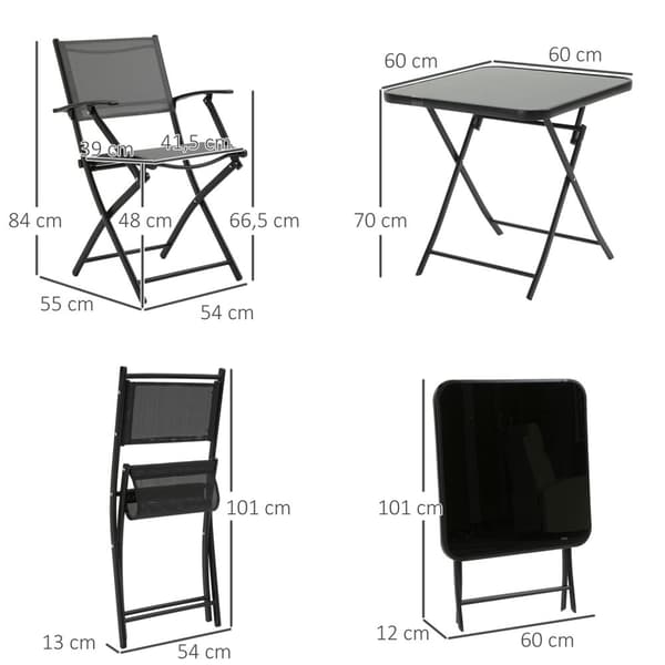 Sammenleggbar Balkongsett For 2 Personer Sittegruppe Bord 2 Stoler Metal Mesh Svart Grå