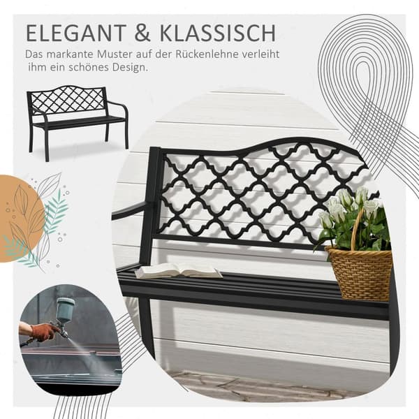 Hagebenk 2-Seters Elegant Parkbenk Laget Av Metall, Opptil 240 Kg, Med Rygg Og Armlener, Støpejern, Svart, 128X58,5X89 Cm