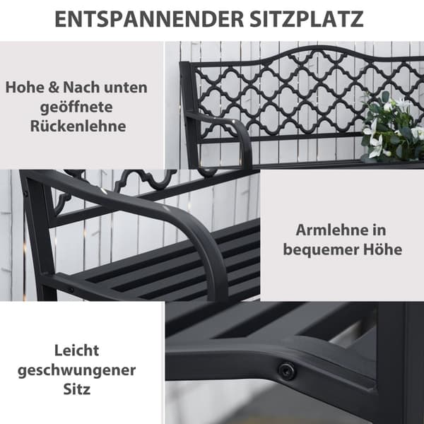 Hagebenk 2-Seters Elegant Parkbenk Laget Av Metall, Opptil 240 Kg, Med Rygg Og Armlener, Støpejern, Svart, 128X58,5X89 Cm