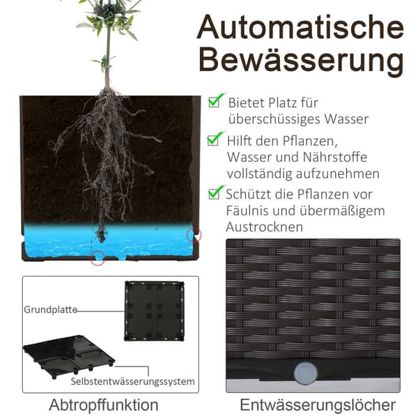 Hevet Seng 4-Delt Plantekasse Med Dreneringshull, Rattan Look, Diy, Brun, 40X40X44Cm