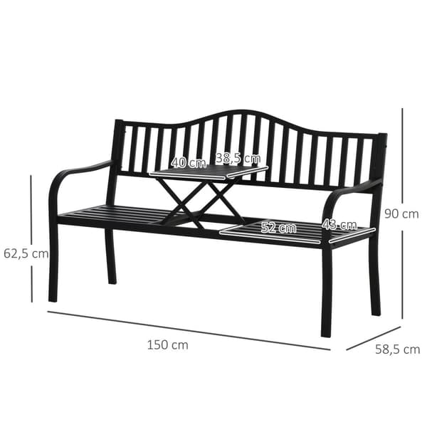 Trädgårdsbänk Med Utdragbart Bord För 2-3 Personer, Parkbänk Av Metall, Bänk, Uteplatsbänk, Trädgårdsmöbler, Svart, 150 X 58,5 X 90 Cm