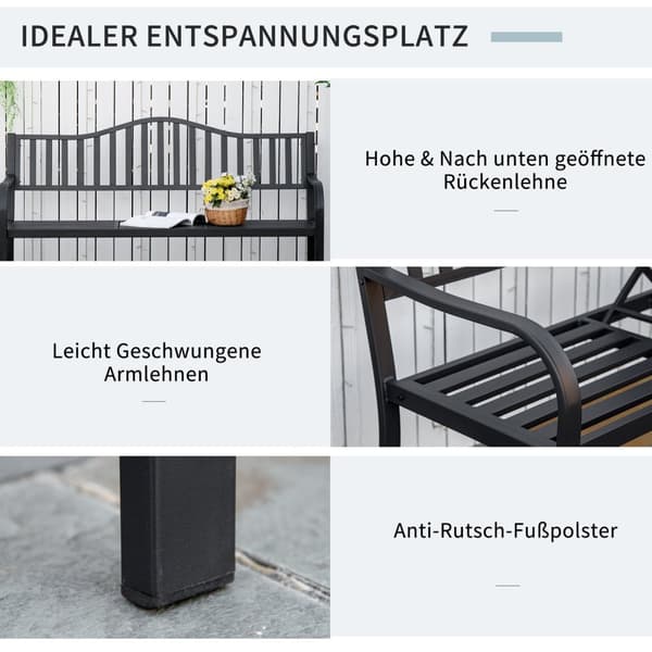 Trädgårdsbänk Med Utdragbart Bord För 2-3 Personer, Parkbänk Av Metall, Bänk, Uteplatsbänk, Trädgårdsmöbler, Svart, 150 X 58,5 X 90 Cm