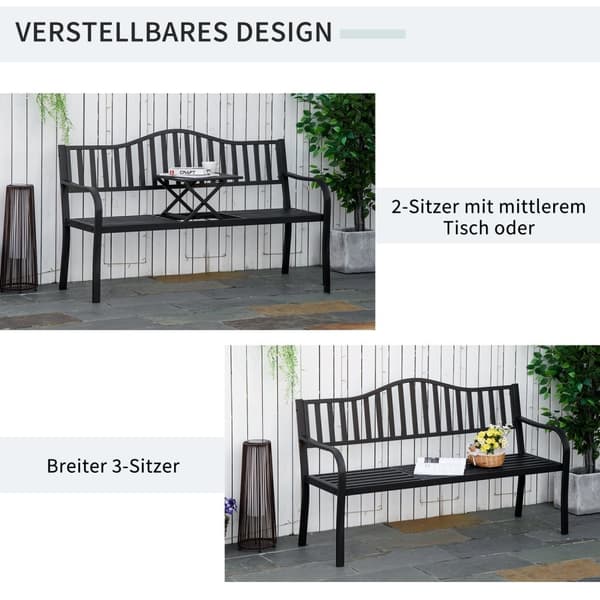 Trädgårdsbänk Med Utdragbart Bord För 2-3 Personer, Parkbänk Av Metall, Bänk, Uteplatsbänk, Trädgårdsmöbler, Svart, 150 X 58,5 X 90 Cm