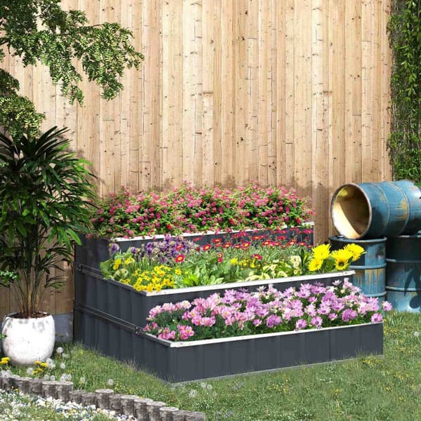 Steel Upphöjd Säng 3-Vånings Trädgårdssäng Med T-Shape Växtskyltar Handskar Växtbädd Örtbädd Blomstrappa För Balkong Trädgård Mörkgrå 118 X 118 X 62 C