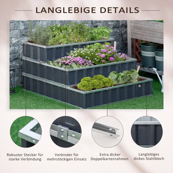 Steel Upphöjd Säng 3-Vånings Trädgårdssäng Med T-Shape Växtskyltar Handskar Växtbädd Örtbädd Blomstrappa För Balkong Trädgård Mörkgrå 118 X 118 X 62 C