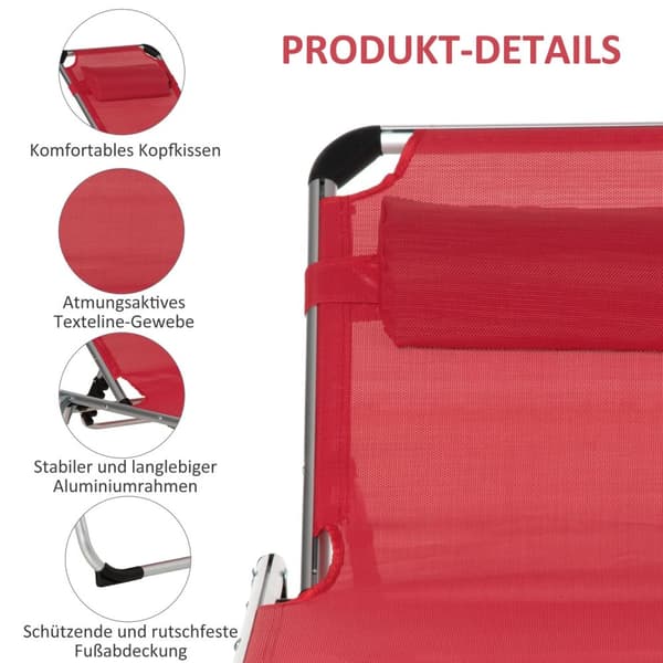 Solseng Hage Solseng Aluminiumsstoff Solseng Avslapningsseng 5-Veis Justerbar Sammenleggbar Ergonomisk Mesh Rød 170 X 60 X 76 Cm