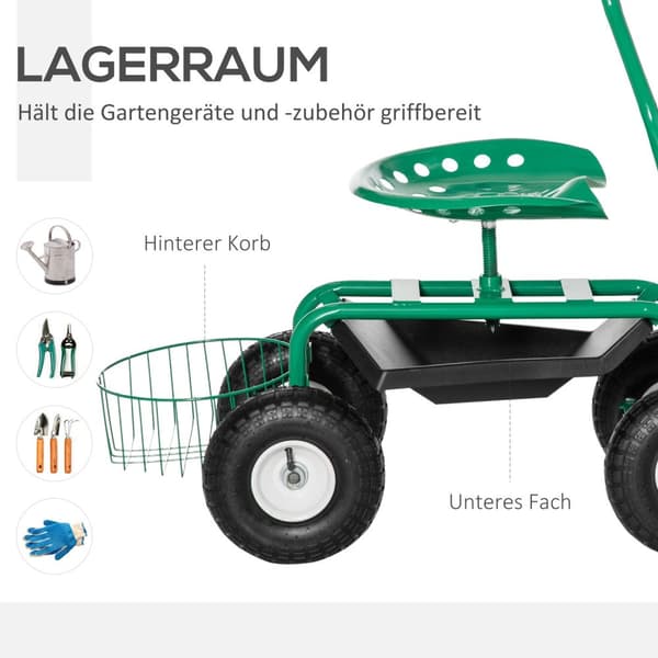 Hagevogn, Verkstedvogn, Hagesete Med Dreibart Sete, Oppbevaringskurv, Høydejusterbar, 150 Kg Lastekapasitet, Metall + Gummi, Grønn, 81 X 44,5 X 46-59