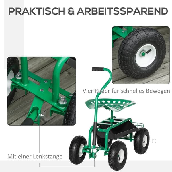 Hagevogn, Verkstedvogn, Hagesete Med Dreibart Sete, Oppbevaringskurv, Høydejusterbar, 150 Kg Lastekapasitet, Metall + Gummi, Grønn, 81 X 44,5 X 46-59