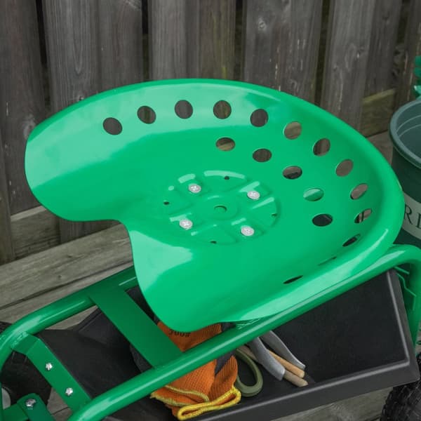Hagevogn, Verkstedvogn, Hagesete Med Dreibart Sete, Oppbevaringskurv, Høydejusterbar, 150 Kg Lastekapasitet, Metall + Gummi, Grønn, 81 X 44,5 X 46-59