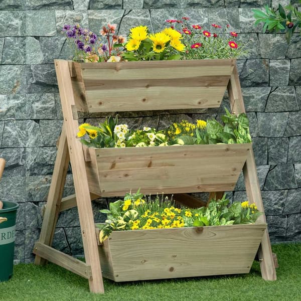 Højseng Blomstertrappe Træ Blomsterstige Med 3 Hylder Plantetrapper Plantehylde Plantestativ Blomsterhylde Blomsterstativ Naturlig 71X61X77Cm