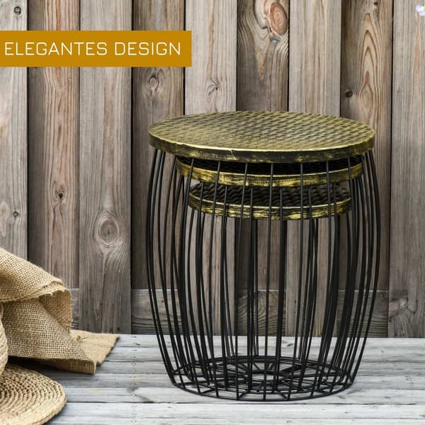 Sidebord Sett Med 3 Retro-Stil Metallkurv Natur + Svart 3 Størrelser