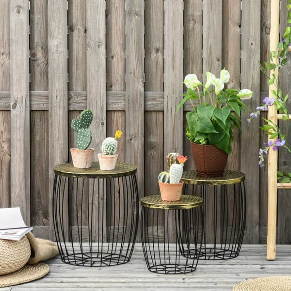 Sidebord Sett Med 3 Retro-Stil Metallkurv Natur + Svart 3 Størrelser