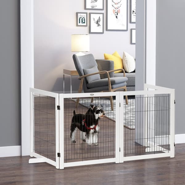 Dør Sikkerhedslåge Træbarriere Til Hunde Beskyttelsesport Hundeport Sikkerhedsdør Tovejs Foldestål Hvid 305 X 35,5 X 82 Cm