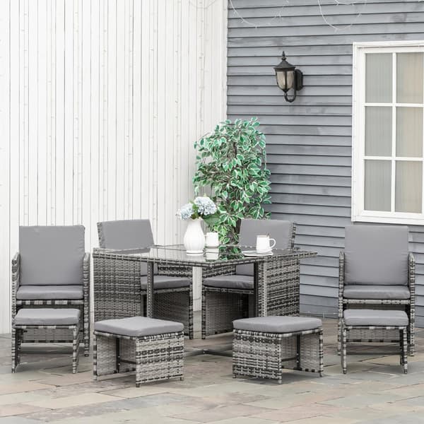 Sittegruppe For 8 Personer Polyrattan Hagesett Inkludert Grå Pute