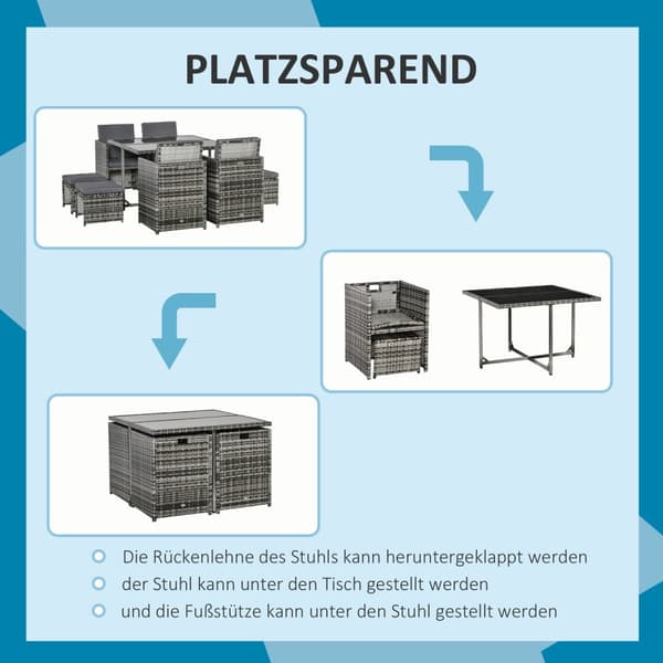 Sittegruppe For 8 Personer Polyrattan Hagesett Inkludert Grå Pute