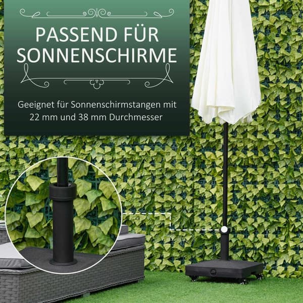 Parasollstativ Med Rulle, Kan Fylles Opp Til 20 Kg, For Paraplystenger 38/48 Mm, For Hage, Terrasse, Balkong, Svart, 45 X 45 Cm
