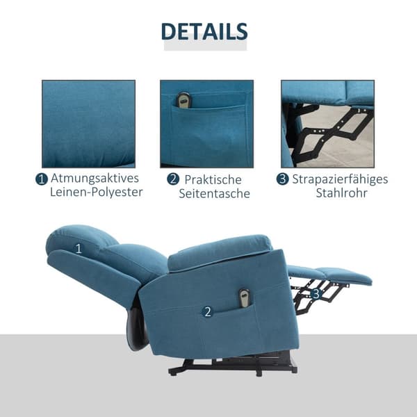 Hvilestol Elektrisk Tv-Stol Med Ståhjelp For Seniorer, Ligge- Og Sovefunksjon, Linlook, Blå, 83X89X102Cm