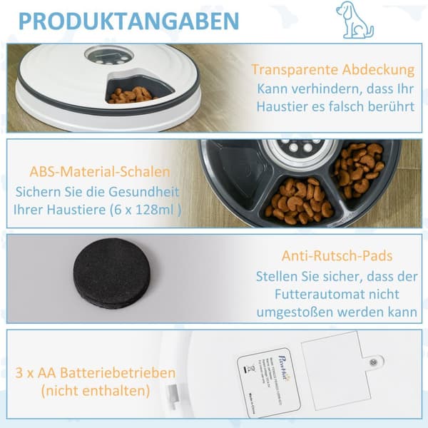 Automaattinen Lemmikkieläinten Syöttölaite 6 Lokeroa Kissoille Ja Koirille 4 Ateriaa Ohjelmoitava Led-Näyttö Ajastin Valkoinen+Harmaa