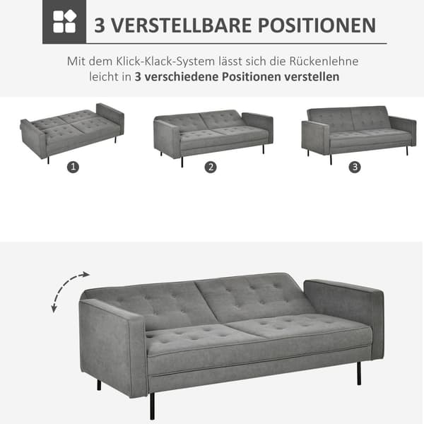 Sovesofa 3-Seters Sofa Med Sovefunksjon Justerbar Vinkel Vintage Eucalyptus Wood Cotton Grey