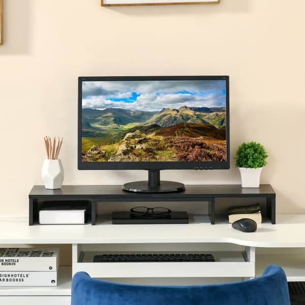 Monitorstativ Lengde Og Vinkel Justerbar, Dobbel Skjermstativ, Trehylle, 80-117X23,5X10Cm