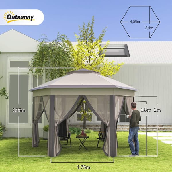 Garden Gazebo Folding Gazebo 4 X 4 M Pop-Up Telt Partytelt Inkludert Bæreveske 6 Sidepaneler Dobbelttak Sekskantet Kaffe + Beige
