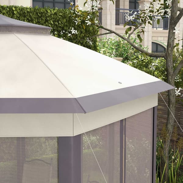 Garden Gazebo Folding Gazebo 4 X 4 M Pop-Up Telt Partytelt Inkludert Bæreveske 6 Sidepaneler Dobbelttak Sekskantet Kaffe + Beige