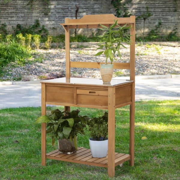 Plantebord Vejrbestandigt Med Galvaniseret Bordplade, Hylde, Blomsterhylde, Udendørs Havebord, Blomsterstativ