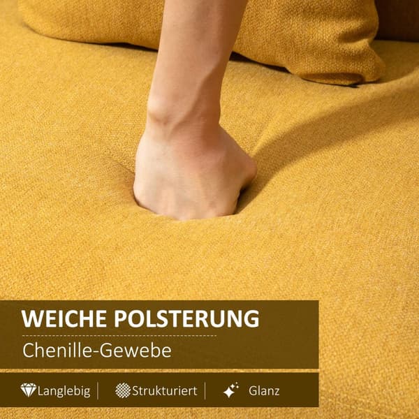 Dobbel Sofa Loveseat Med Pute, Justerbare Fotstøtter, Fløyelsmyk Polyester, Skum, Kompakt Design, 2 Seter, Natur+Gul