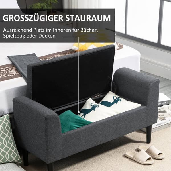 Benk Med Oppbevaringsplass, Polstret Benk, Krakk, Setebryst, Lastekapasitet Opptil 130 Kg, Lintouch, Gummitre, Mørkegrå, 116 X 44 X 58 Cm