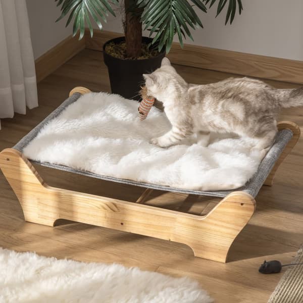 Cat Bed Hengekøye Med Ramme For Katter, Forhøyet Kattereir Med Myk Pute, Furu, 68X43X20Cm